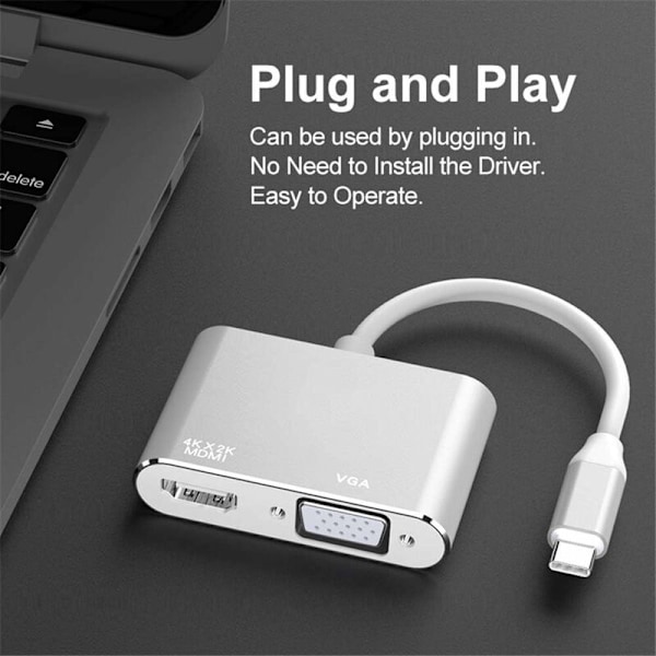 USB C - HDMI VGA -sovitin, 2 in 1 Type C - HDMI 4K, VGA 1080P Yhteensopiva MacBook Pro/Air 2020 2019, iPad Pro, Surface, Harmaa