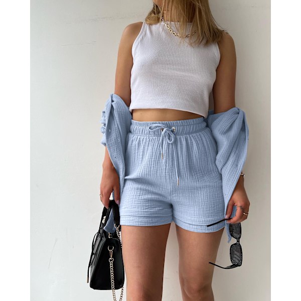 Crinkle Collar Langermet Skjorte med Høy Midje og Snøring Shorts Mote Avslappet Todelt Sett Lyseblå S Dame