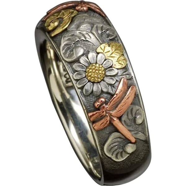 2st vintage silver och roséguld färg snidad trollslända solrosring Unik metall blomringar förlovningsfest ring 12