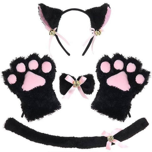 Söta katt-cosplayrekvisita - Kattöron-diadem, kattklor-handskar, katt-svans (Svart) Black