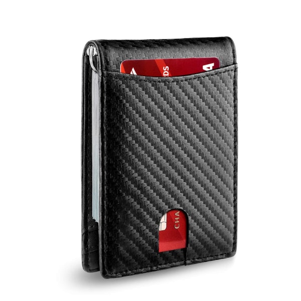 Smal plånbok för män, stor kapacitet med 12 platser Rfid-blockerande enkel kolfiber svart