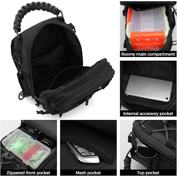 Fiske Sling Bag Fiskeutrustning Förvaringsväska Verktygsväska för Fiske Vandring Jakt Camping black