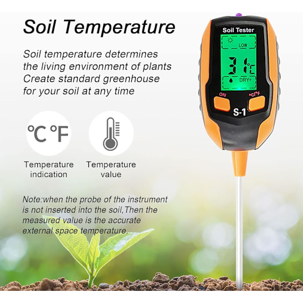 Växtfuktighetsmätare, 4 i 1 fuktmätare med ljus/flöde/temperatur/fuktighet, jord pH-mätare
