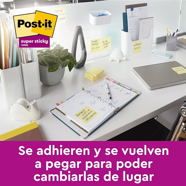 Post-it Super Sticky Notes, Kanariegula, 76 mm x 76 mm, 90 ark/block, 4 block/förpackning + 2 GRATIS - Extra klibbiga lappar för att göra-listor och påminnelser