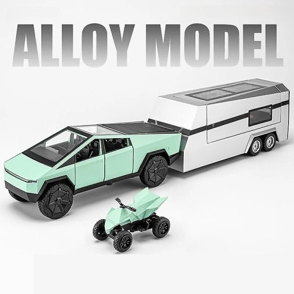 1/32 Tesla Cybertruck med Touring Car RV Caravan Diecast Leksaksmetall Miniatyrmodell Drag tillbaka Ljud Ljus Samling Present Pojke grön green