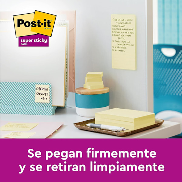 Post-it Super Sticky Notes, Kanariegula, 76 mm x 76 mm, 90 ark/block, 4 block/förpackning + 2 GRATIS - Extra klibbiga lappar för att göra-listor och påminnelser