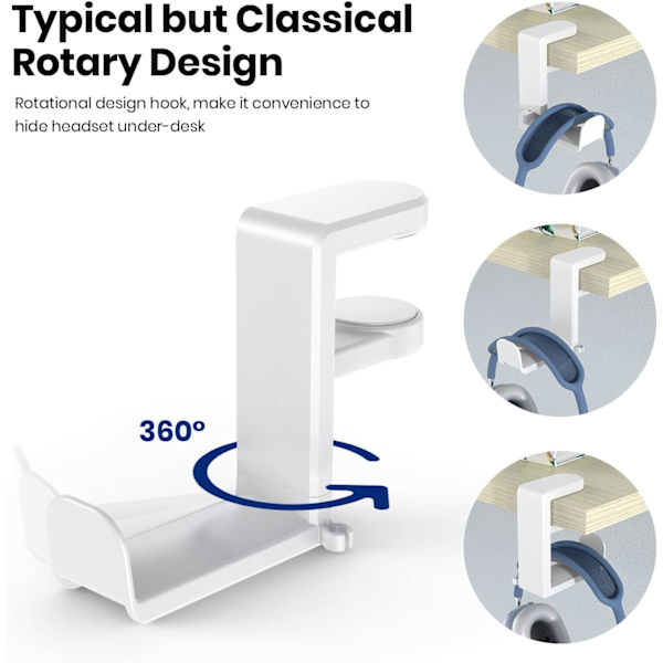 PC Gaming Hörlurar Hörlurar Hook Stativ Hängare, Hörlurar Hållare med Justerbar och Roterande Armklämma, Under Skrivbord Design，vit White