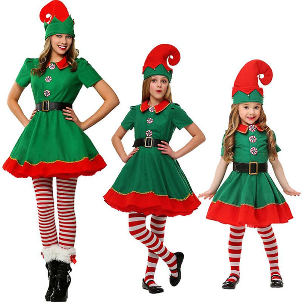Jultomtsdräkt Familj Vuxen Barn Fancy Dress Santa Helper Cosplay Outfits Women and Girls 130cm