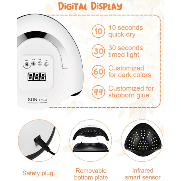 180W Nageltorkare, UV LED - Nagellamp, Bärbar Nagelverktyg med 4 Timrar, Smart Sensor, LCD Digital Display, 57 LED-pärlor, Snabbtorkande Lampa