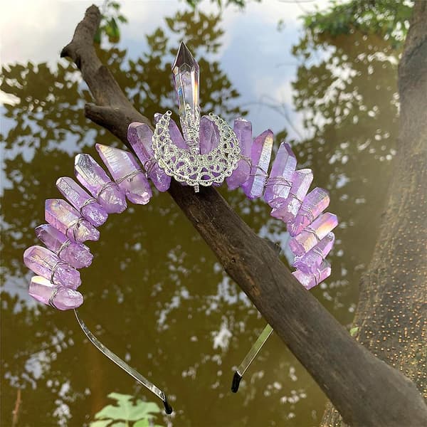 Boho Klar Rå Krystall Hodebånd Krone Med Hul Måne Tiara