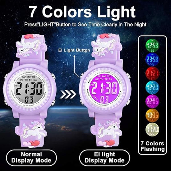Digitalt armbandsklocka med 7 färgade lampor, vattentät 3D-tecknad figur för småbarn, med alarm, stoppur för flickor 3-10 år Purple