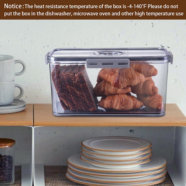 Brödlåda, brödlådor för köksbänk, lufttät, tidsinspelning, brödförvaringsbehållare med lock, brödhållare för hembakat bröd, munkar och kakor (grå) Grey