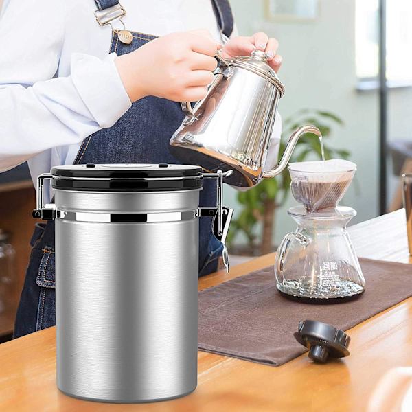 Kaffedåse, 1,8L Lufttæt Rustfri Stål Krukke med Ske, Madopbevaringsboks, Vakuumforseglet Gummi Silver