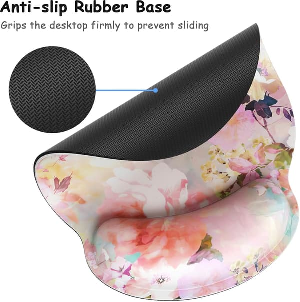 Ergonomisk musematte med håndleddsstøtte, blomstrete minneskum håndleddsstøtte musematte, laptop dekorasjon, rosa blomster