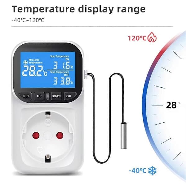 Digital Temperaturkontroller Uttak Termostat med Tidsensor Probe Varme Kjølebryter 16A EU Plugg