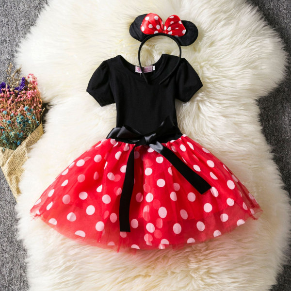Barnflicka Minnie Mouse Polka Dot Födelsedagsfest Bow Tutu Tyllklänning Red 4-5Years