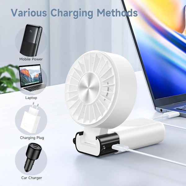 Mini Kannettava Tuuletin, USB Ladattava Hiljainen Käsituuletin 5 Nopeudella, Pieni Kokoontaitettava Taskutuuletin, Kannettava Käsituuletin Toimistoon ja Ulkokäyttöön (Valkoinen)