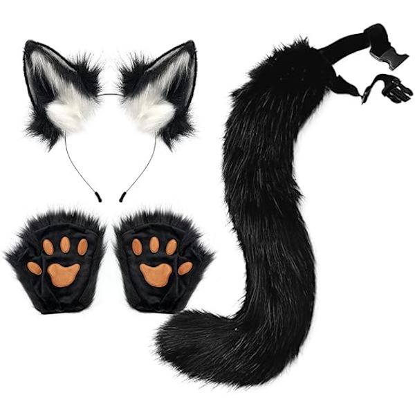 Konstgjorda Pälskattungar och Varghuvudsvansset för Vuxna och Barn Klorhandske Kit för Halloween Anime Cosplay Fest Black+White