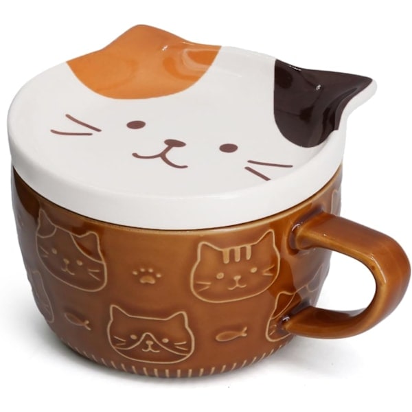Søt Kattekopp med Lokk, 300ml/10oz Keramisk Skilpadde-Katte Kaffekopper, Kawaii Dyr Melk Te Kopp Nyhet Gaver til Katteelskere Barn Kvinner