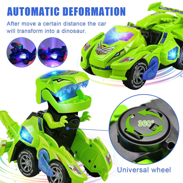 Deformerad dinosaurieleksak deformerad dinosauriebil automatisk deformerad dinosauriebil med musik och LED-lampor deformerad billeksak för barn B grön Green