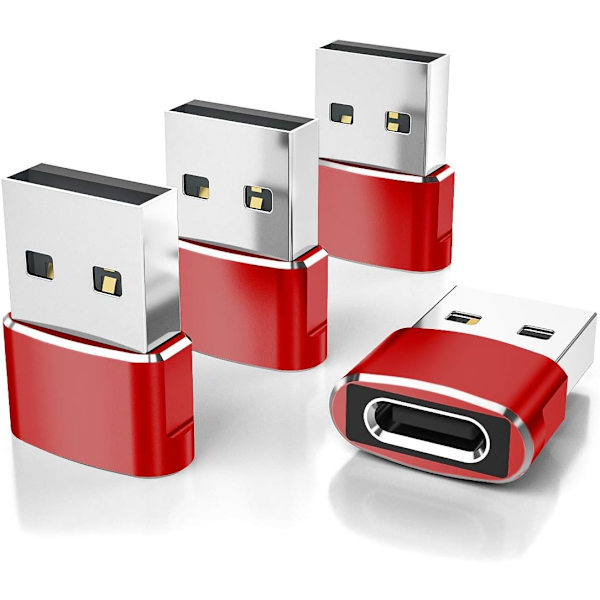 USB till USB-C Adapter 4-pack, Typ C Hona till A Hane Laddningskabelkonverterare för Apple iWatch 8 7, Mac, iPhone 12 13 14 15 Max Pro, Airpods Red 4-pack