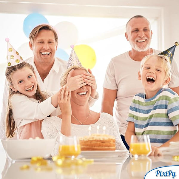 Födelsedagspartyhattar - (12-pack, Flerfärgade, 18cm) - Färgglada konformade festliga huvudbonader för minnesvärda fester - Tillbehör & Dekorationer B