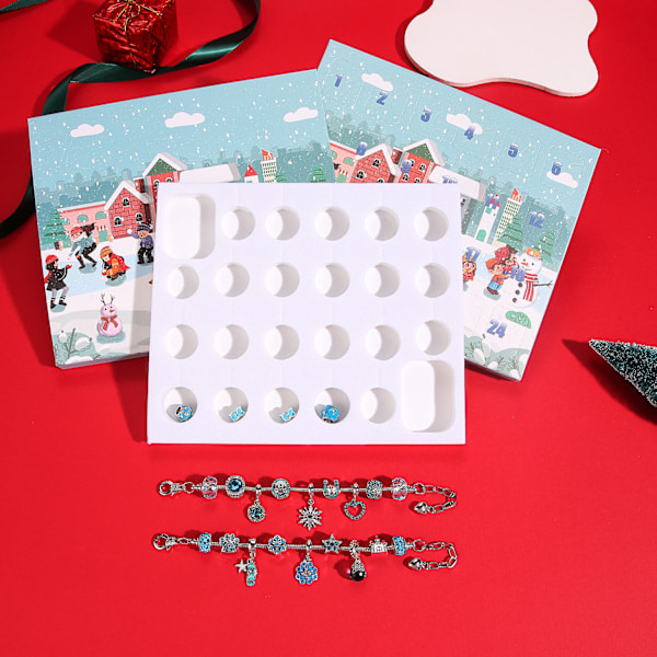 24 stk. Julekalender, DIY Julearmbåndssæt 24 Dages Nedtællings Charm Smykker Blind Box Julepynt til Børn Blå Blue