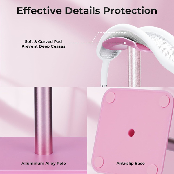 Hodetelefonstativ [Tung base og høyere høyde] Hodetelefonstativkroker for alle gaming/stasjonære hodetelefoner - rosa pink
