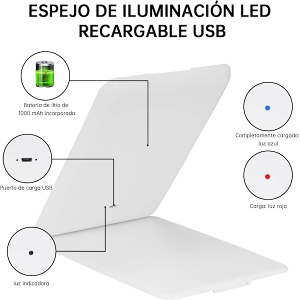 Resespegel med touchskärm, dimbar kompakt spegel med 56 LED-lampor, USB-laddningsbar, 3-färgsbelysning, bärbar, ultratunn White