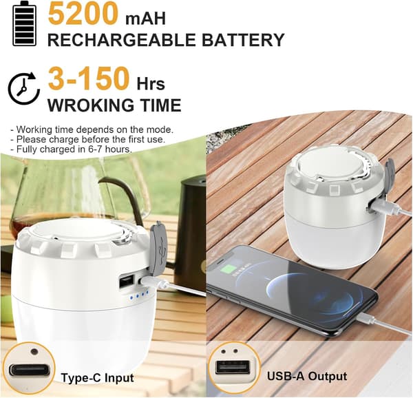 LED Camping Lantern Oppladbar 3200mAh, Campinglamper med 4 Moduser