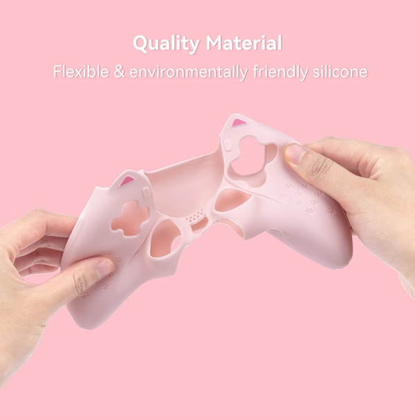 Rosa kattepote PS5-kontroller, sett med håndgrep, sklisikkert silikonskall, beskyttende deksel med joystick Pink