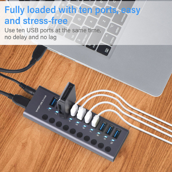 10-Port 60W USB 3.0 Hubb med Individuella Strömbrytare Aluminiumlegering LED-lampor USB 3.0 Dockningsstation 60W 12V 5A Strömadapter 100-240V EU-kontakt
