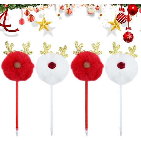 4 stk. julekugle kuglepenne horn pom pom pen tegneserie jul glat kuglepen neutrale penne jule gel blækpenne til julefest gave skole kontor familie
