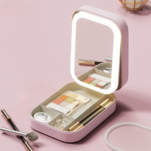 1 stk. pink multifunktionelt LED lys makeup spejl makeup taske