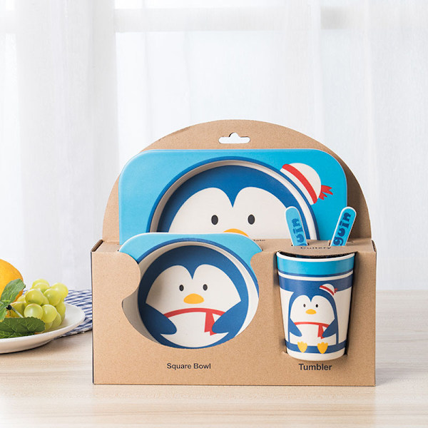 Luova ympäristöystävällinen bambukuituinen lasten astiasto, viisiosainen sarjakuva-astiasetti, pingviini Penguin