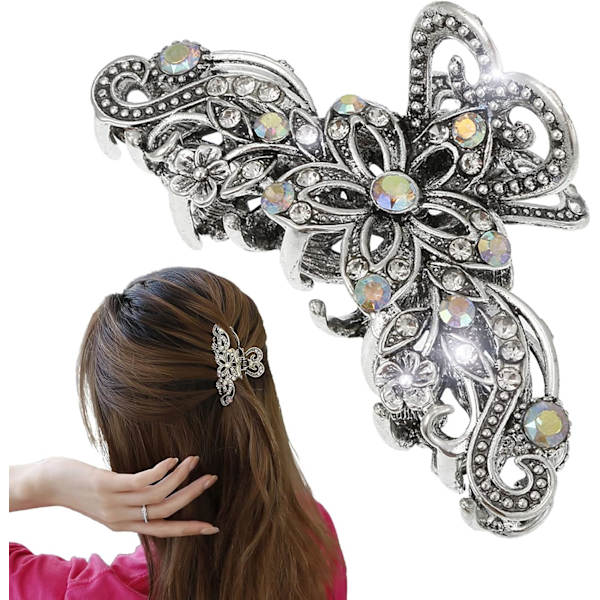 Vintage Hårklämma, Rhinestone Legering Hårklämma, Lämplig för Fint Hår, Hårtillbehör Mode Ädelsten (Vintage Silver)