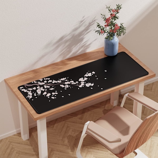 Sort Japanske Blommeblomster Musemåtte Ekstra Stor Musemåtte Skrivebordsunderlag, Syet Kant Musemåtte, Skridsikker Gummi