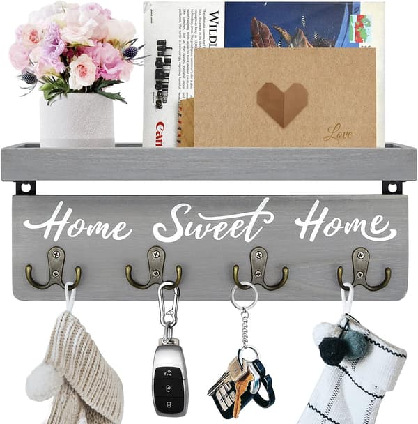 Puinen avain- ja postiteline 4 kaksoiskoukulla, rustiikkinen kodin sisustus eteiseen (harmaa)