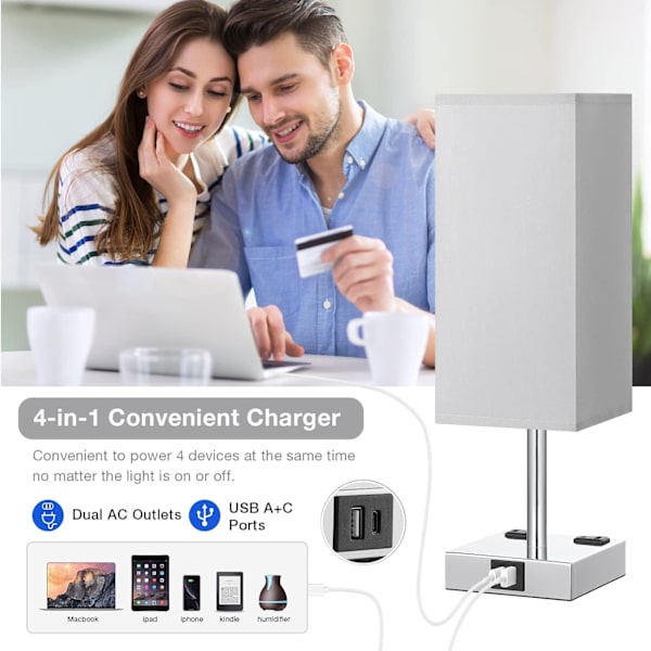 【Oppgradert】 Nattbordslampe med berøringskontroll, med USB C+A-ladeport og doble AC-uttak, 3-veis nattbordslampe for soverom