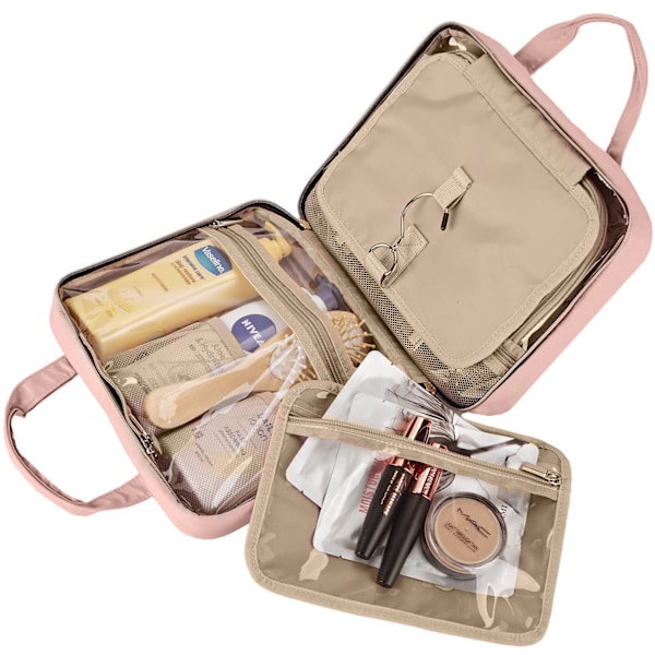 Toalettmappe, stor opphengbar sminkeveske for kvinner, transparent sminkeveske for reise med opphengningskrok og organisering av flasker Pink