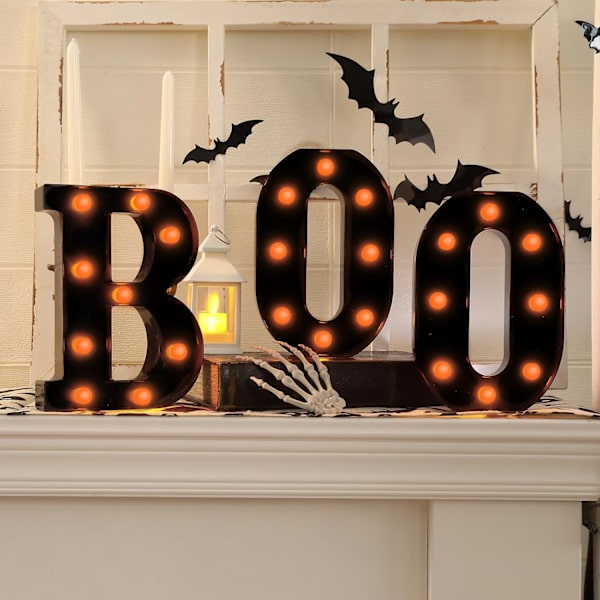Halloween-dekorationer - 3 LED-lampor med bokstäver \"BOO\" - Halloween-dekorationer för köksbord, mantelpiece, fest inomhus