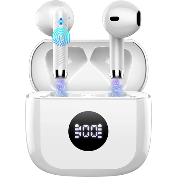 Trådløse ørepropper Bluetooth ørepropper In-Ear støydempende mikrofon, 40 timers spilletid Mini etui Sportshodetelefoner for Android iOS White