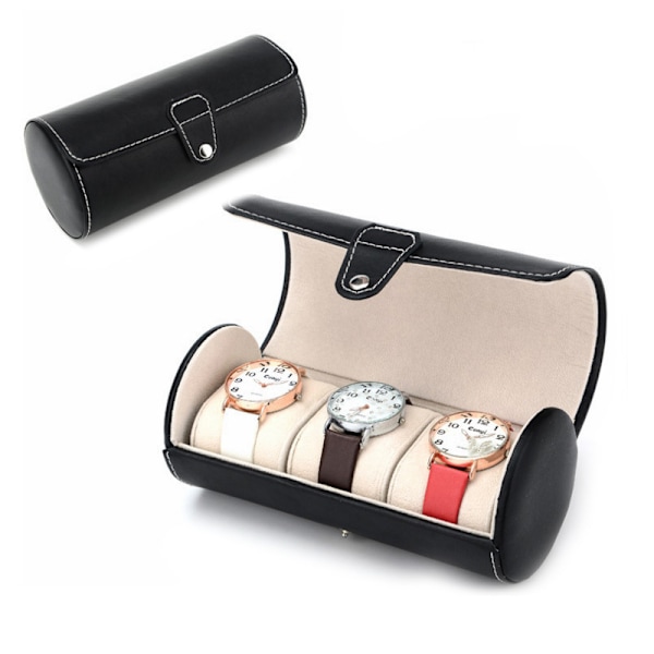 Resväska för klockor, klocklåda för män, 3 fack bärbar resväska för klockor Cylinder Roll Holder Armbandsklocka Smyckendisplay (Svart) Black