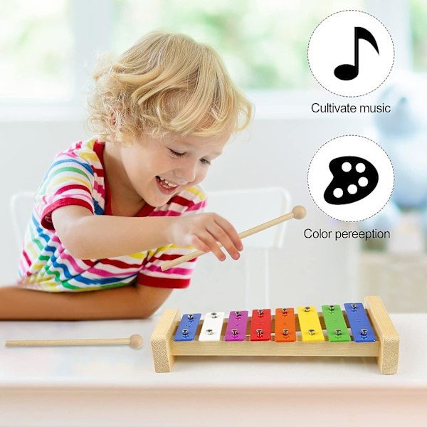Xylofon til børn, Xylofon klokkespil træ, rytme musikinstrument, xylofon med 2 køller til voksne børn klokkespil legetøj gave 8
