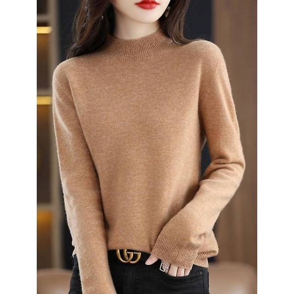 Kashmirtröja i 100 % ull, stickad tröja för kvinnor, långärmad tröja, långärmad tröja, höst, vinterkläder, varma tröjor Brown China M