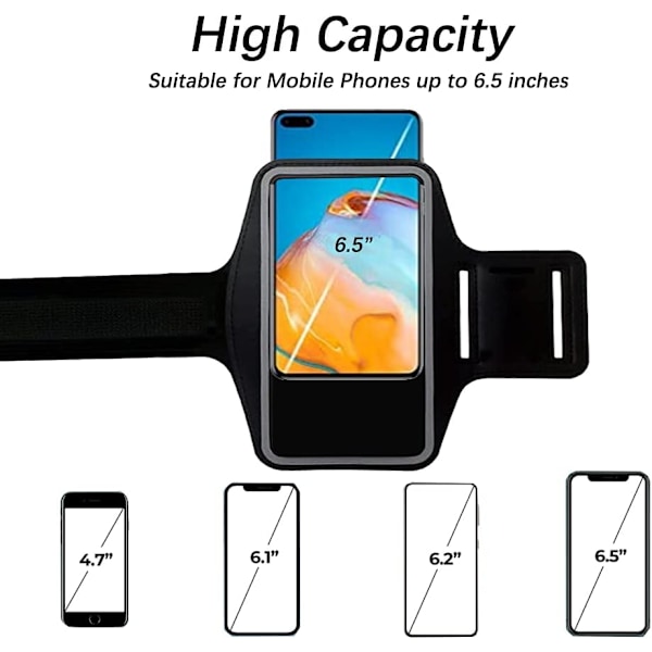 Justerbart sportarmband för mobiltelefon, vattentätt telefonarmband för löpning, fitness, träning, gymnastik och utomhussporter, upp till 6,5\"