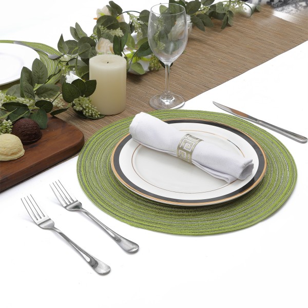 Set med 6 tvättbara halkfria och värmebeständiga runda bordsvävda bordstabletter, ärtgröna