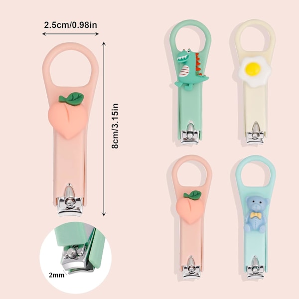 Nagelklippare Set, 4 st Rostfritt Stål Nagelklippare Tecknad Nagelklippare Vassa Söta Björn, Dinosaurie, Persika, Pocherat Ägg Nagelklippare Set