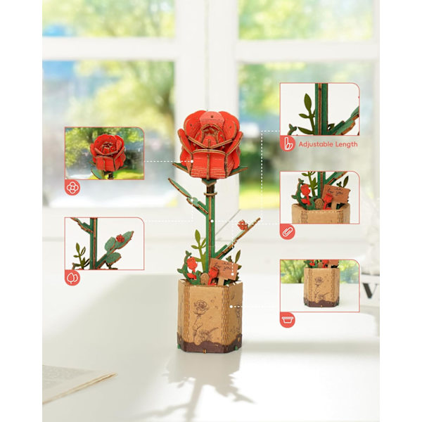 3D-pussel i trä med blombukettmodell för vuxna, eviga blommor, romantisk present till henne, kvinnor, mamma, jul/födelsedag/alla hjärtans dag (lila) Red rose