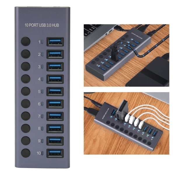 10-Port 60W USB 3.0 Hubb med Individuella Strömbrytare Aluminiumlegering LED-lampor USB 3.0 Dockningsstation 60W 12V 5A Strömadapter 100-240V EU-kontakt